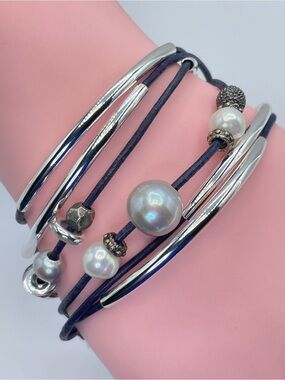 Lizzy James Genuine Pearl Leather Wrap Bracelet Silver Tone Boho